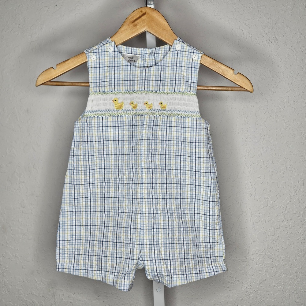 Simply‎ Smock Baby Blue Yellow Plaid Duckling Hand Smocked Romper Sunsuit Kids